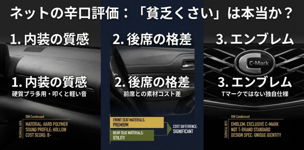 画像タイトル: ネットの辛口評価とコストの理由
代替テキスト: 内装の質感、後席の格差、エンブレムという3つの批判ポイントを図解し、それらがコストダウンのための意図的な「割り切り」であることを解説した資料。