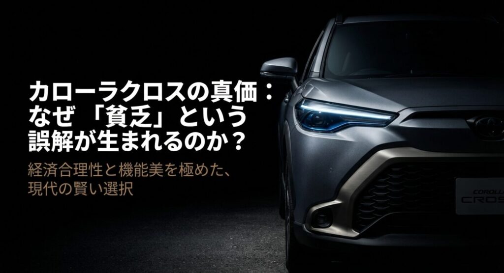 画像タイトル: カローラクロスの真価と誤解
代替テキスト: 「カローラクロスの真価:なぜ『貧乏』という誤解が生まれるのか?」というタイトルが表示された、記事の導入スライド。経済合理性と機能美をテーマにしている。