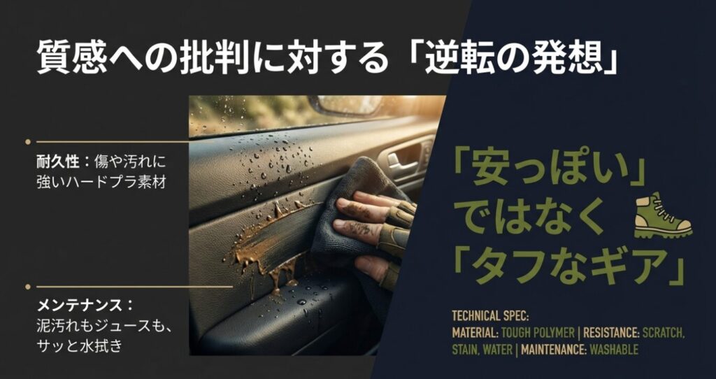 画像タイトル: 安っぽさではなく「タフなギア」
代替テキスト: 傷や汚れに強いハードプラ素材のメリットを解説。「安っぽい」ではなく、メンテナンスが楽な「タフなギア」としての価値を提案している。