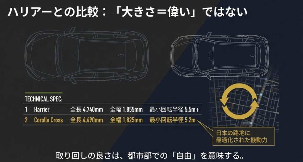 画像タイトル: ハリアーとのサイズ比較と機動力
代替テキスト: カローラクロスとハリアーの全長・全幅・最小回転半径を比較したデータ。「大きさ=偉い」ではなく、日本の路地に最適化された機動力が魅力であることを示している。