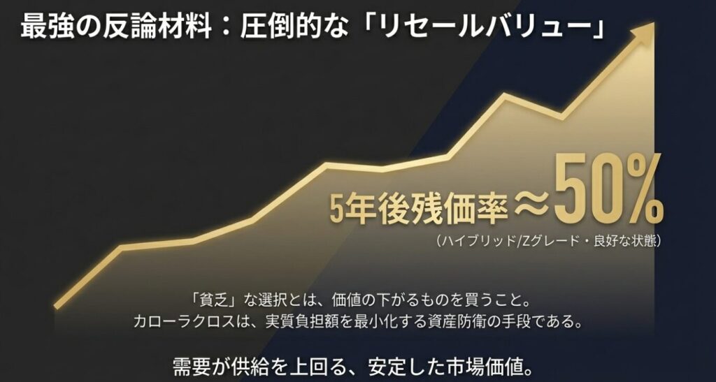 画像タイトル: 資産を守る圧倒的なリセールバリュー
代替テキスト: 5年後の残価率が約50%期待できることを示すグラフ。「貧乏」な選択ではなく、資産防衛の手段としてのカローラクロスの価値を強調している。