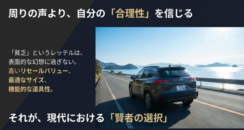 画像タイトル: 周りの声より自分の「合理性」
代替テキスト: 貧乏というレッテルは幻想であり、高いリセールと機能性を持つカローラクロスこそが現代の「賢者の選択」であると結論づけるスライド。