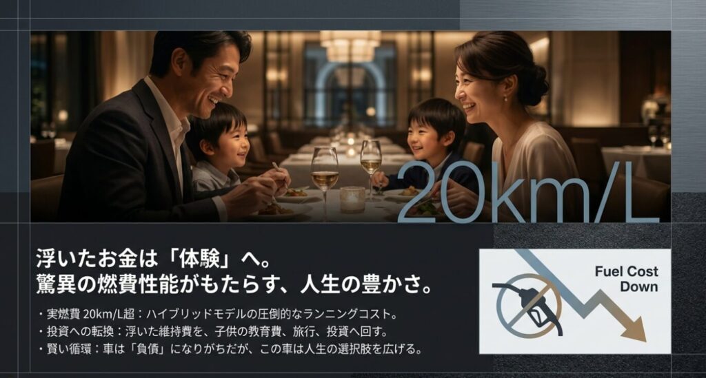 画像タイトル: 圧倒的な燃費と人生の豊かさ
代替テキスト: リッター20km超の低燃費性能を示すグラフと、浮いた維持費を教育費や投資、旅行へ回す「賢い循環」を提案するイメージ図。