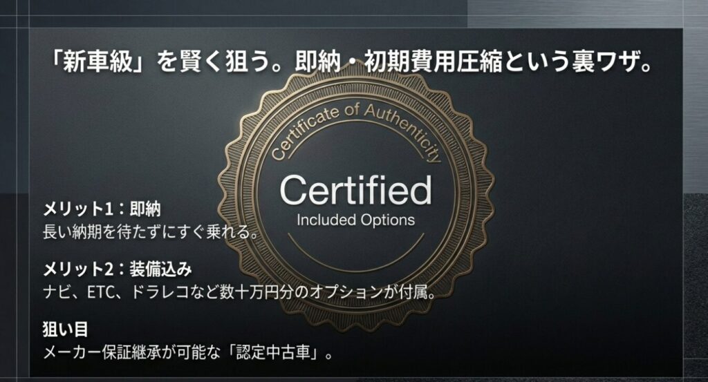 画像タイトル: 認定中古車という賢い選択
代替テキスト: 新車級の中古車を狙うメリット(即納、ナビなどの装備込み)を解説したスライド。認定中古車が狙い目であることを強調している。