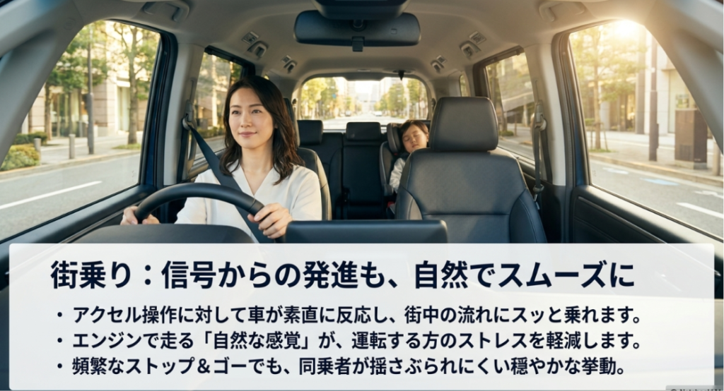 画像タイトル: ステップワゴンターボの街乗りでの加速感
代替テキスト: 街中を運転するステップワゴンの室内と、信号発進でも自然でスムーズに走れることを説明したスライド
