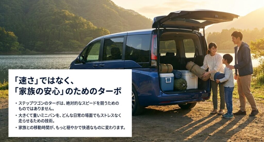 画像タイトル: ステップワゴンターボは速さより家族の安心を重視
代替テキスト: キャンプ場で家族とステップワゴンが写り、速さではなく家族の安心のためのターボであることを伝えるスライド