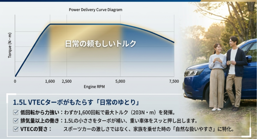 画像タイトル: ステップワゴン1.5L VTECターボのトルク特性
代替テキスト: 1.5L VTECターボが低回転から最大トルクを発揮し、日常走行で扱いやすいことを示したスライド