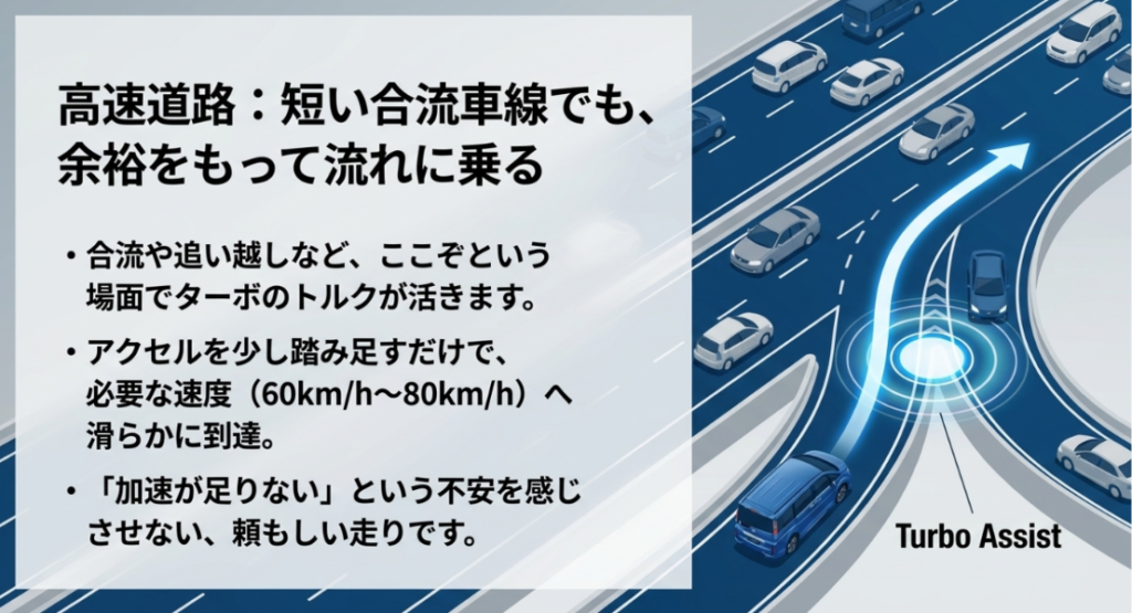 画像タイトル: ステップワゴンターボの高速道路での合流加速
代替テキスト: 高速道路の短い合流車線でもターボのトルクで流れに乗りやすいことを示したスライド