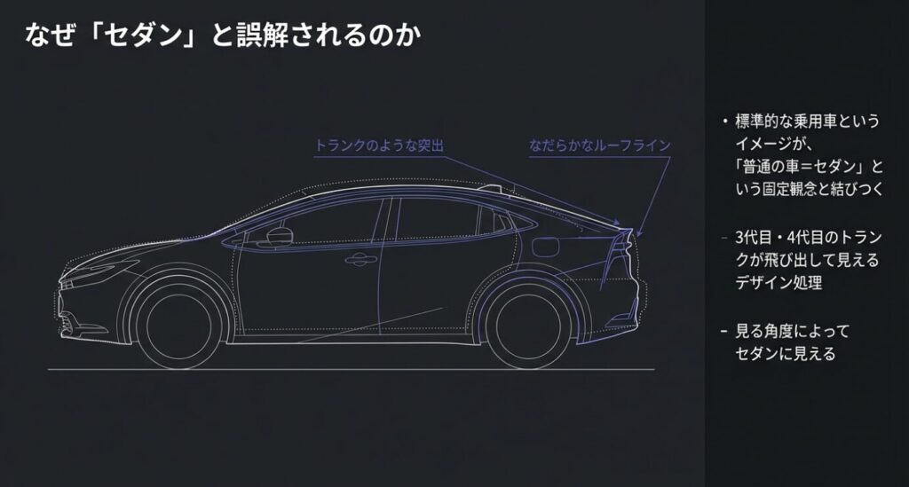 画像タイトル: プリウスがセダンと誤解されやすいデザイン的特徴


代替テキスト: プリウスの横からのシルエット図で、トランクのような突出となだらかなルーフラインにより、見る角度によってセダンに見えることを解説した画像