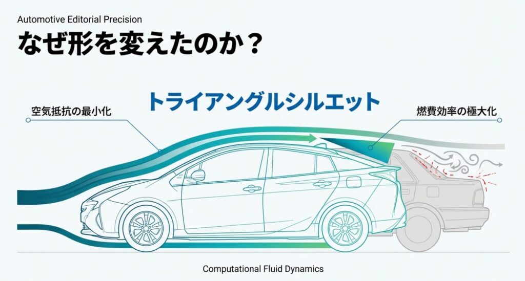 画像タイトル: 燃費効率の極大化とトライアングルシルエット 
+1


代替テキスト: 空気抵抗の最小化を目的としたプリウスのトライアングルシルエットと、車体を流れる空気の図解