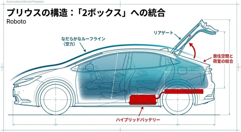 画像タイトル: プリウスの構造：「2ボックス」への統合 


代替テキスト: なだらかなルーフラインとリアゲートを持ち、居住空間と荷室が結合したプリウスの構造図