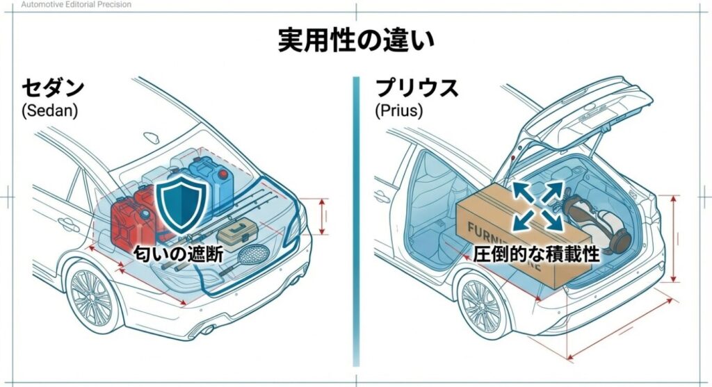 画像タイトル: セダンとプリウスの実用性の違い 
+1


代替テキスト: 匂いの遮断に優れるセダンと、圧倒的な積載性を持つプリウスのトランク構造の違いを比較したイラスト