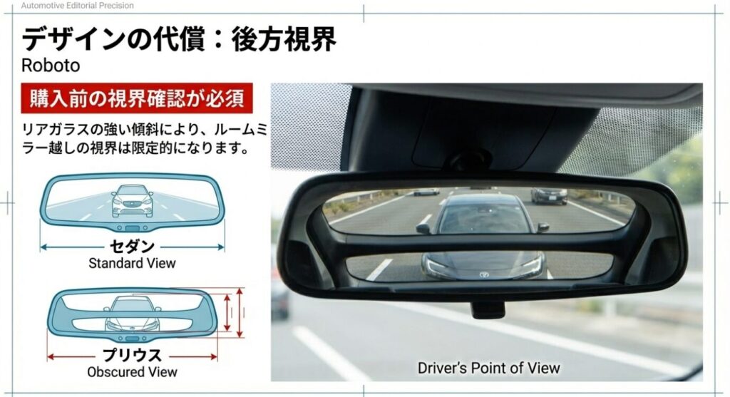 画像タイトル: デザインの代償：後方視界 


代替テキスト: リアガラスの強い傾斜により、ルームミラー越しの視界が限定的になることを示す注意喚起の図解