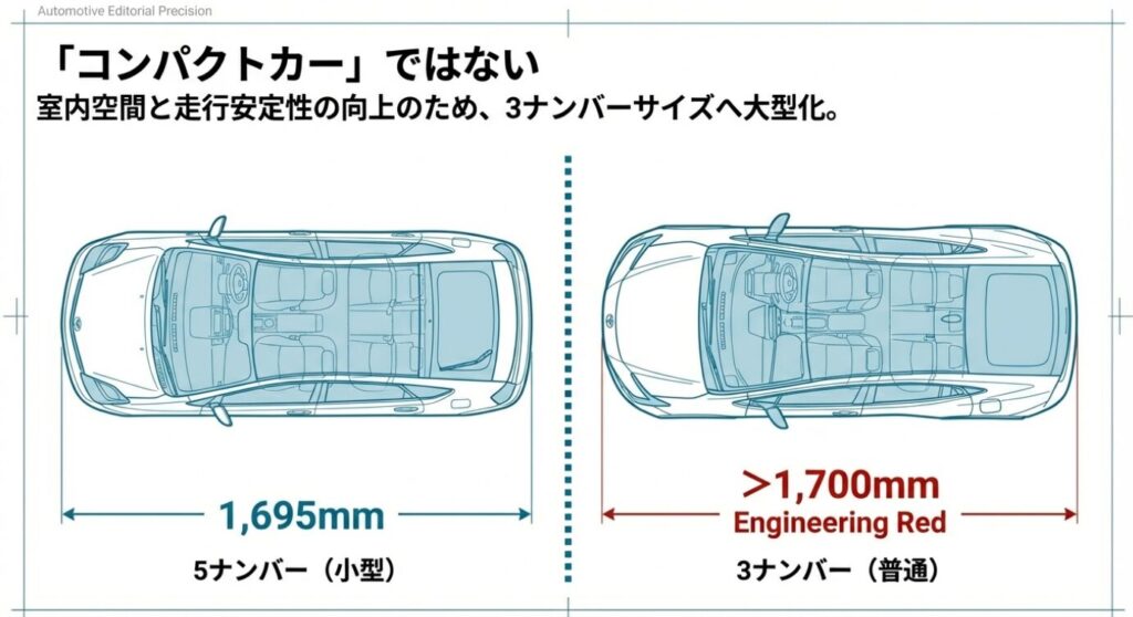 画像タイトル: 「コンパクトカー」ではないプリウスのサイズ 


代替テキスト: 初代の1,695mm（5ナンバー）から、室内空間と走行安定性向上のため1,700mmを超える3ナンバーサイズへ大型化したことを示す図