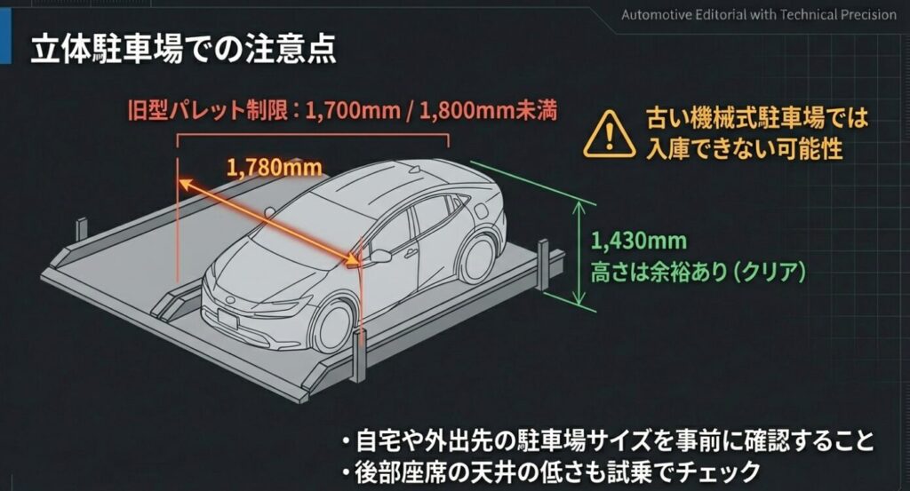 画像タイトル: プリウスの立体駐車場でのサイズ注意点


代替テキスト: 全幅1,780mmの現行プリウスが立体駐車場に入庫する図解で、パレット制限が1,700mmや1,800mm未満の古い機械式駐車場では入庫できない可能性があるという注意喚起