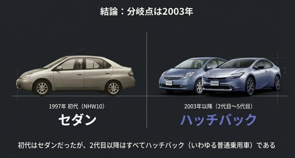 画像タイトル: 歴代プリウスのボディタイプの変化結論


代替テキスト: 1997年の初代はセダン、2003年の2代目以降から5代目はハッチバックへと変化したことを示す図解