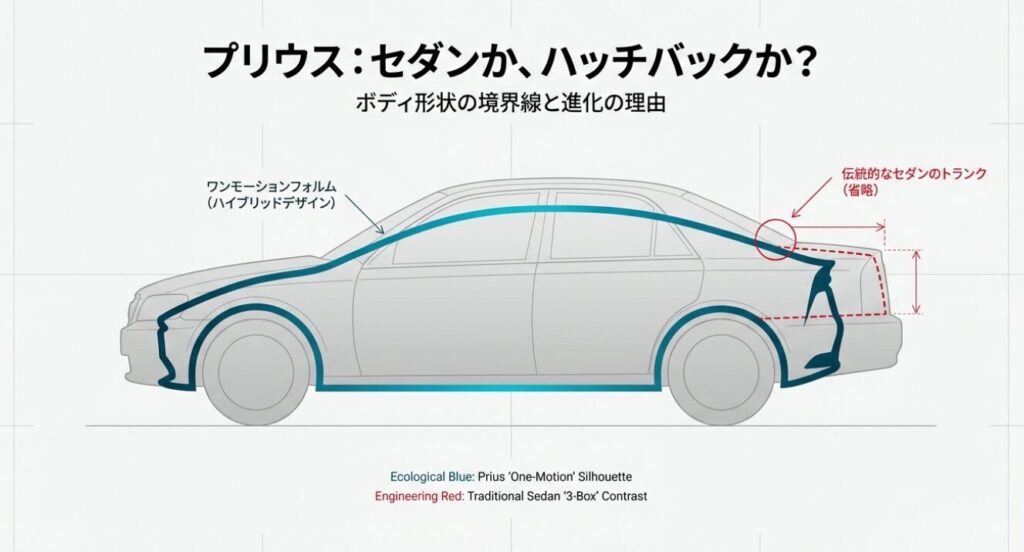 画像タイトル: プリウス:セダンか、ハッチバックか? 


代替テキスト: プリウスはセダンかハッチバックか、ボディ形状の境界線と進化の理由を示すタイトルスライド