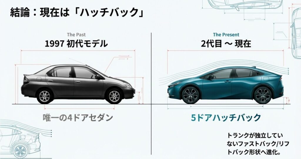 画像タイトル: 歴代プリウスのボディタイプの進化 


代替テキスト: 1997年の初代モデルの唯一の4ドアセダンから、2代目以降の5ドアハッチバックへ進化したことを示す比較図