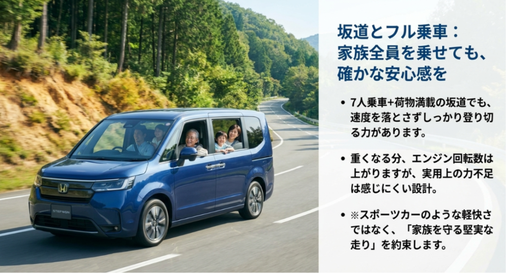 画像タイトル: ステップワゴンターボの坂道とフル乗車での実力
代替テキスト: 家族を乗せたステップワゴンが坂道を走る様子と、フル乗車でも実用上の安心感があることを説明したスライド