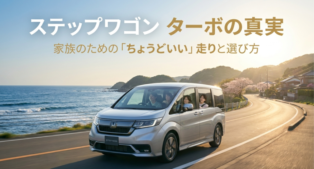 画像タイトル: ステップワゴンターボの真実と選び方
代替テキスト: 海沿いの道を走るステップワゴンと、ターボのちょうどいい走りや選び方を示したスライド