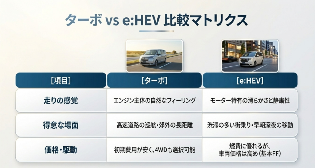 画像タイトル: ステップワゴンのターボとe:HEV比較
代替テキスト: ターボとe:HEVの走りの感覚、得意な場面、価格や駆動方式の違いを比較したスライド
