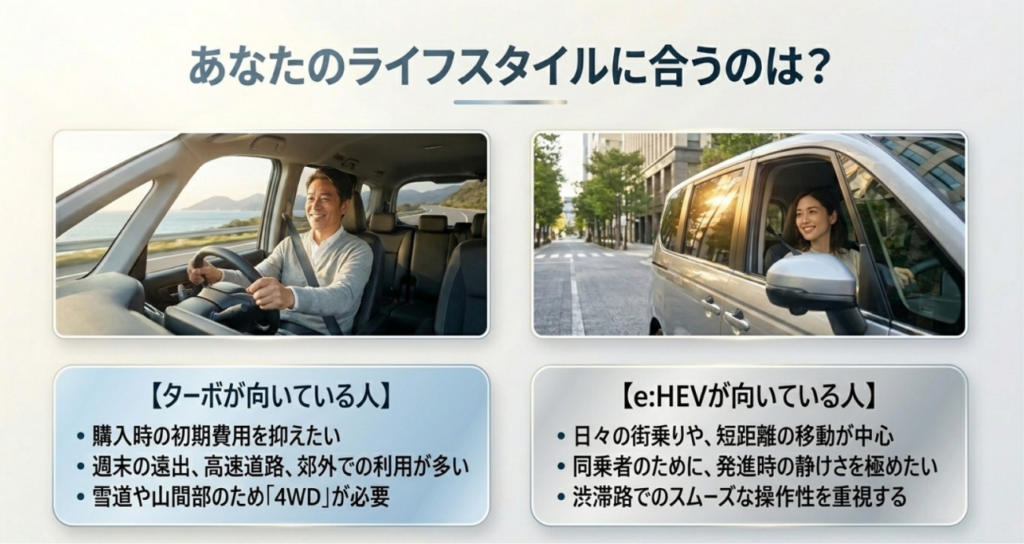 画像タイトル: ライフスタイルで選ぶターボとe:HEV
代替テキスト: 高速道路や郊外利用が多い人はターボ、街乗りや静粛性重視の人はe:HEVが合いやすいことを説明したスライド