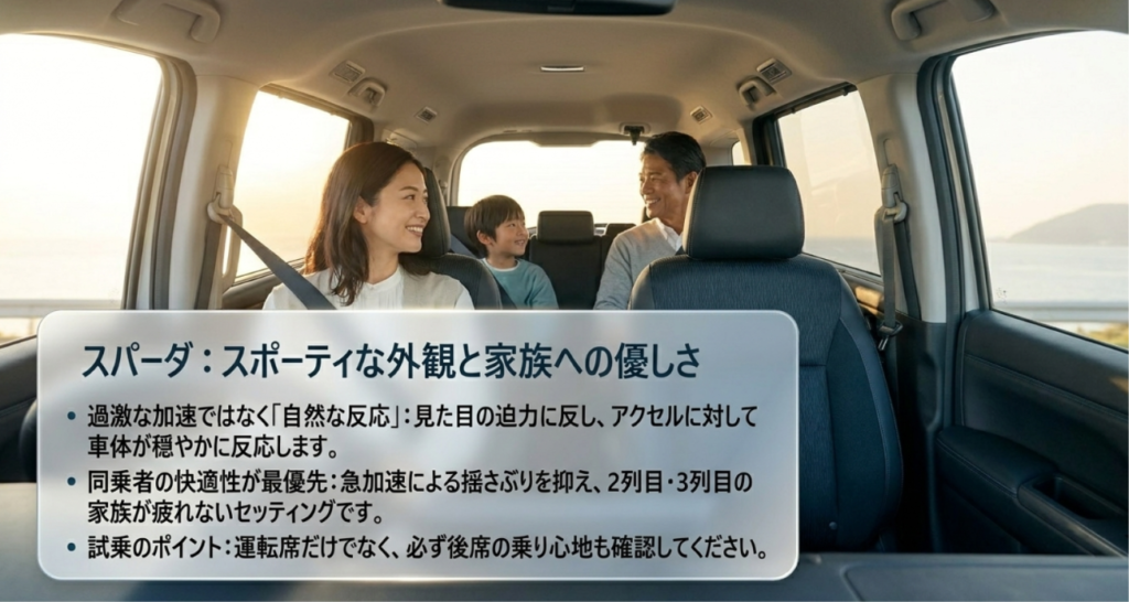 画像タイトル: スパーダターボの外観と家族向けの快適性
代替テキスト: スパーダターボはスポーティな外観を持ちながら、自然な反応と同乗者の快適性を重視することを説明したスライド