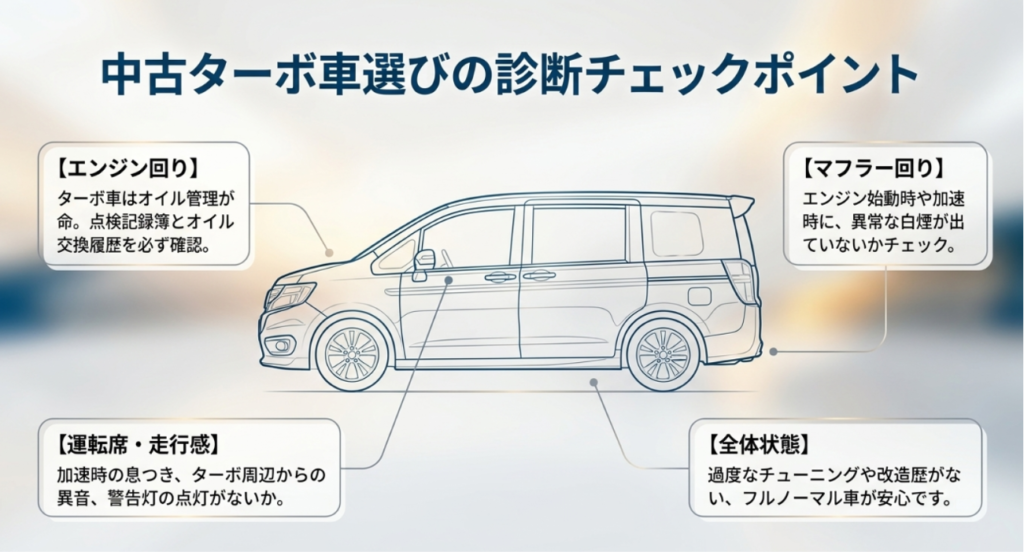 画像タイトル: 中古ターボ車選びの診断チェックポイント
代替テキスト: 中古ターボ車を選ぶ際にエンジン回り、マフラー回り、運転席の走行感、全体状態を確認するポイントを示したスライド