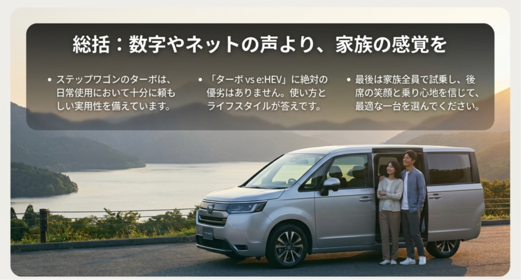 画像タイトル: ステップワゴンターボは数字より家族の感覚で選ぶ
代替テキスト: ステップワゴンターボは日常使用で十分な実用性があり、最後は家族全員で試乗して感覚を確かめることが大切だと示したスライド