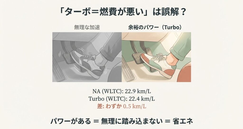 画像タイトル: ターボ車とNA車のアクセル操作の違い
代替テキスト: アクセルペダルを踏む足元のイラスト比較。左側は無理に踏み込んでいる様子、右側はターボの余裕で軽く踏んでいる様子を描写。