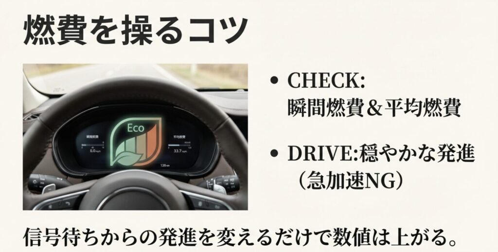 画像タイトル: メーター内のエコ表示と燃費向上のコツ
代替テキスト: 車のメーターパネルの画像。「Eco」というリーフマークの表示や、瞬間燃費・平均燃費の数値が表示されている様子。