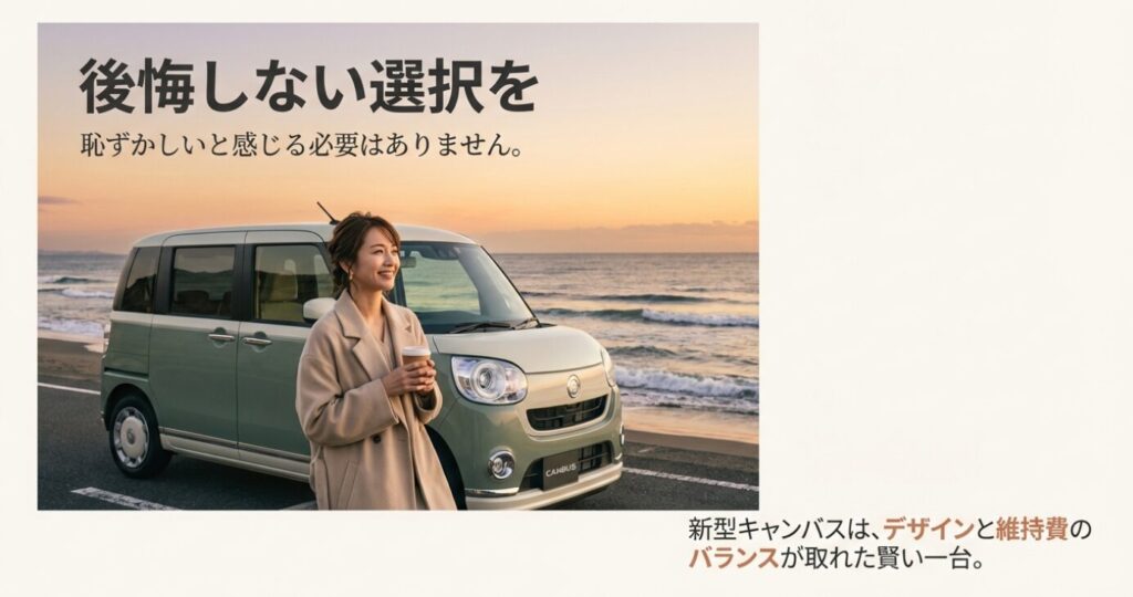画像タイトル: デザインと維持費のバランスが取れた新型キャンバス
代替テキスト: 夕暮れの海辺に停まるムーヴキャンバスと笑顔の女性の写真。「後悔しない選択を」「賢い一台」というメッセージが書かれたスライド。