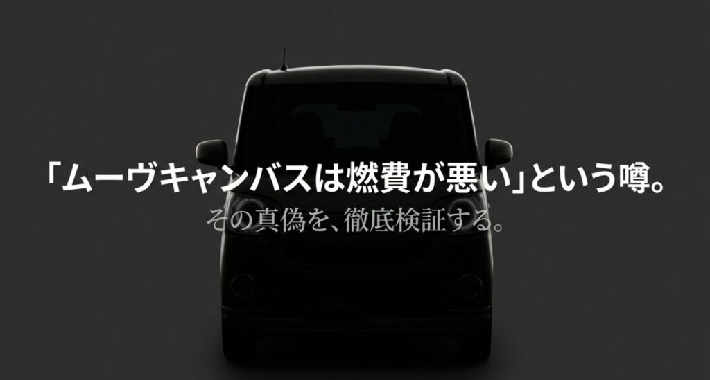 画像タイトル: ムーヴキャンバスの燃費に関する噂の徹底検証
代替テキスト: 「ムーヴキャンバスは燃費が悪い」という噂の真偽を徹底検証するというタイトルスライド。