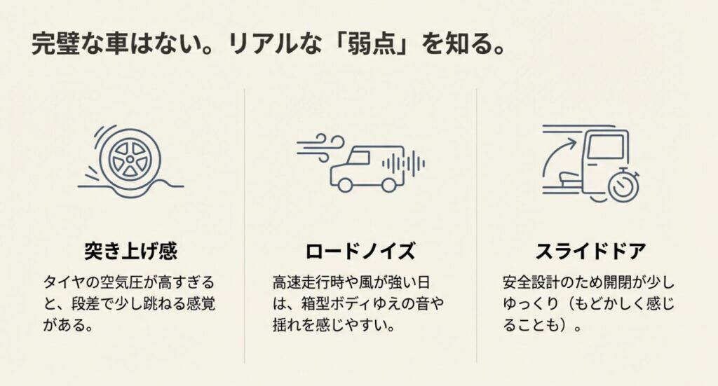 画像タイトル: ユーザーが感じるリアルな弱点と課題
代替テキスト: タイヤ、風、ドアのアイコン。「突き上げ感」「ロードノイズ」「スライドドアの開閉速度」という3つの弱点について解説したスライド。