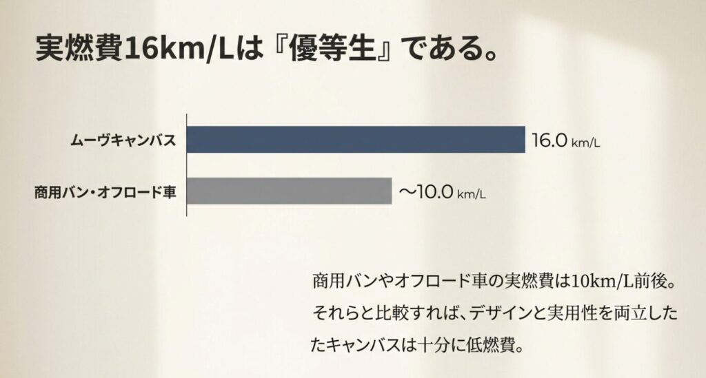 挿入位置: 「燃費が厳しめな軽自動車と比較して見えた真の実力」セクション内、「〜実燃費が10km/L前後になることも珍しくありません。」の直後。
画像タイトル: 商用車やオフロード車と比較した燃費性能
代替テキスト: ムーヴキャンバスの実燃費(16.0km/L)と商用バンの実燃費(10.0km/L)を比較し、キャンバスが十分に低燃費であることを示す表。
