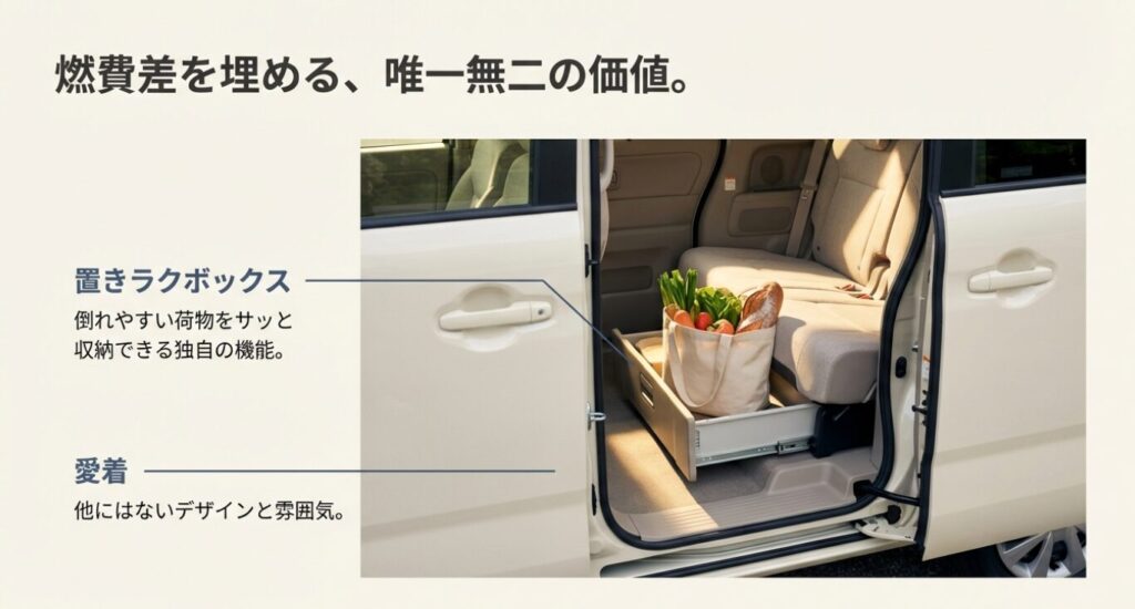 画像タイトル: 置きラクボックスと独自の愛着価値
代替テキスト: 後席の「置きラクボックス」に買い物袋を積んでいる写真。「燃費差を埋める、唯一無二の価値」として機能性とデザイン性を紹介するスライド。