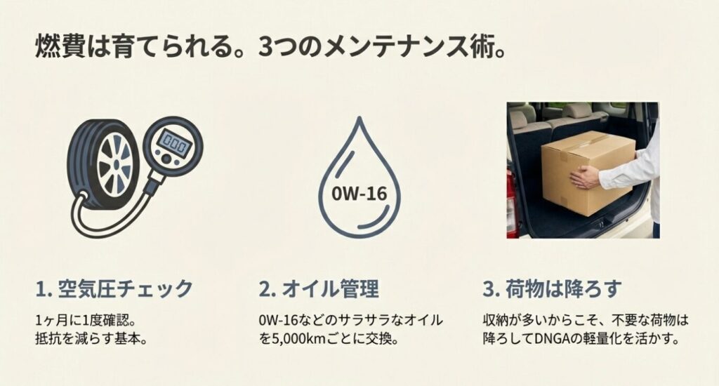 画像タイトル: 燃費を向上させる3つのメンテナンスポイント
代替テキスト: 空気圧計、オイル、段ボール箱のアイコン。「空気圧チェック」「オイル管理」「荷物は降ろす」という3つの燃費改善テクニックをまとめたスライド。