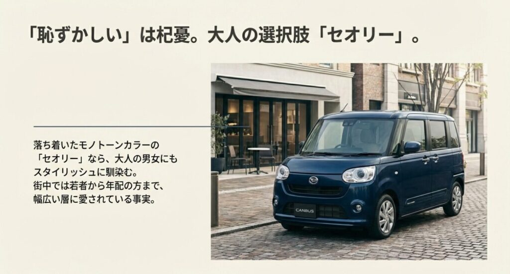 画像タイトル: 大人向けのスタイリッシュな「セオリー」モデル
代替テキスト: 街中に停まる落ち着いたブルーのムーヴキャンバス セオリーの写真。「恥ずかしいは杞憂」とし、幅広い層に愛されていることを伝えるスライド。