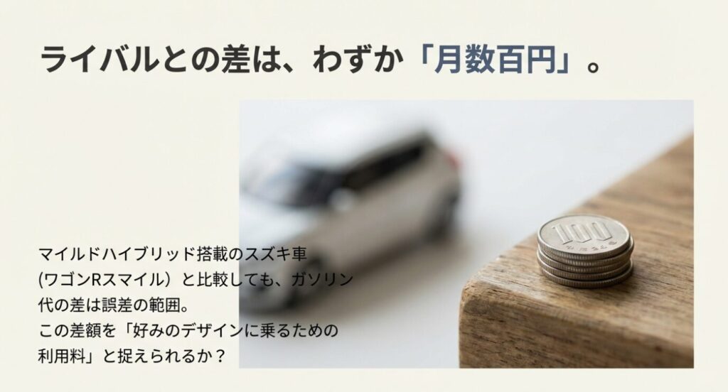 画像タイトル: ライバル車とのガソリン代の差額イメージ
代替テキスト: 「ライバルとの差は、わずか月数百円」というキャッチコピー。スズキのマイルドハイブリッド車と比較しても維持費の差は小さいことを説明するスライド。