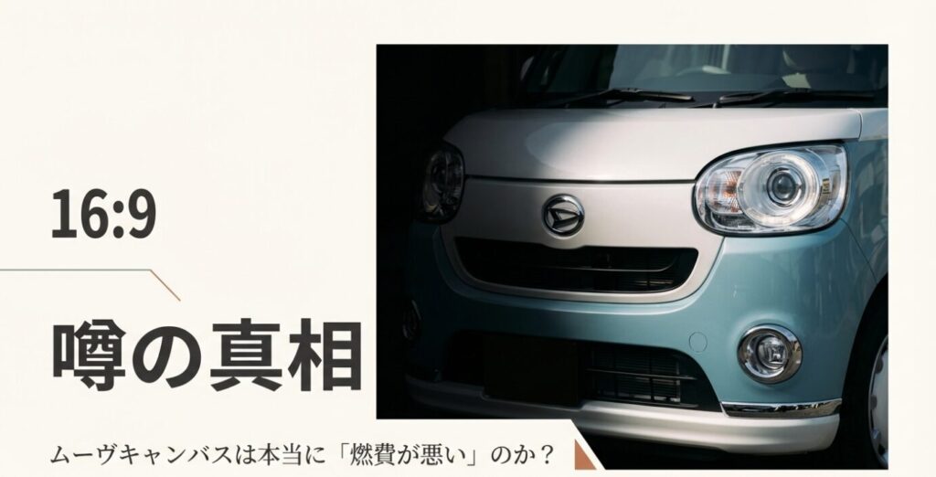 画像タイトル: ムーヴキャンバスの燃費に関する噂の真相
代替テキスト: ムーヴキャンバスのフロントマスクの画像。「燃費が悪いのか?噂の真相」というタイトル文字。