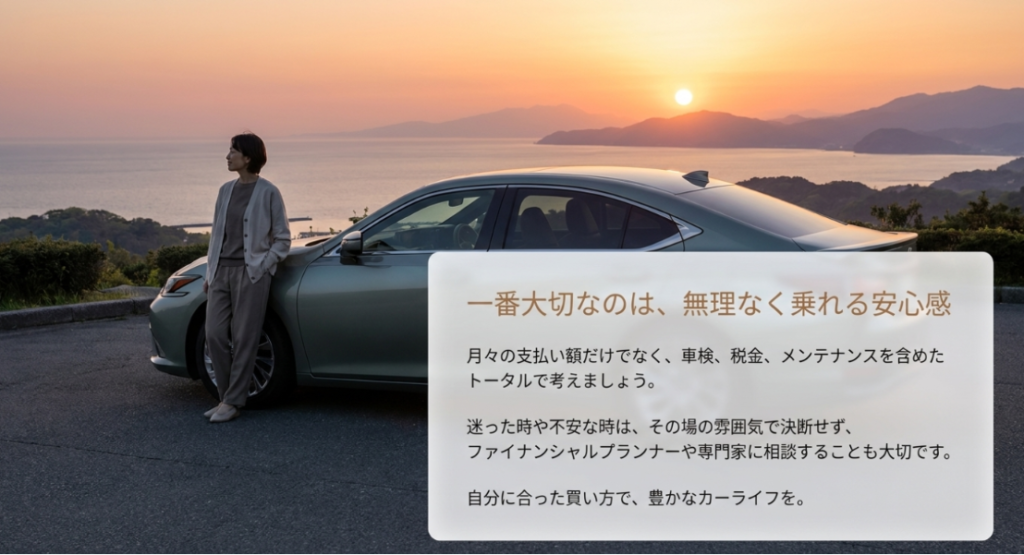 画像タイトル: 車の買い方で一番大切なのは無理なく乗れる安心感
代替テキスト: 月々の支払い額だけでなく、車検、税金、メンテナンスまで含めて無理なく乗れる買い方を選ぶことが大切だと伝えるまとめスライド