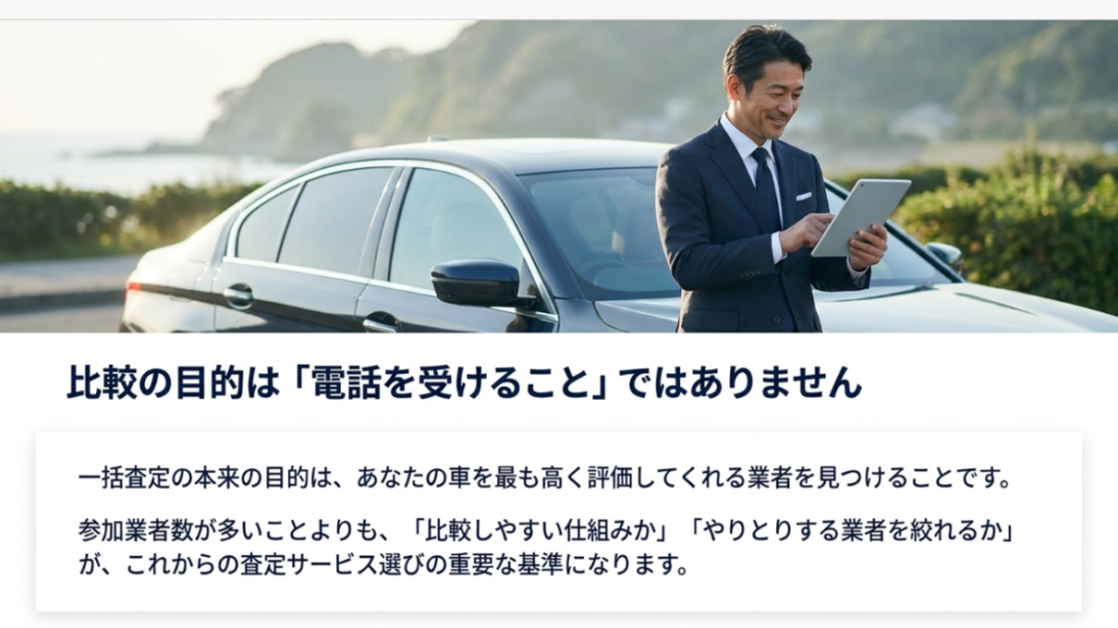 画像タイトル: 一括査定の目的は電話を受けることではない
代替テキスト: 一括査定の本来の目的は電話を多く受けることではなく、自分の車を高く評価してくれる業者を見つけることだと説明したスライド