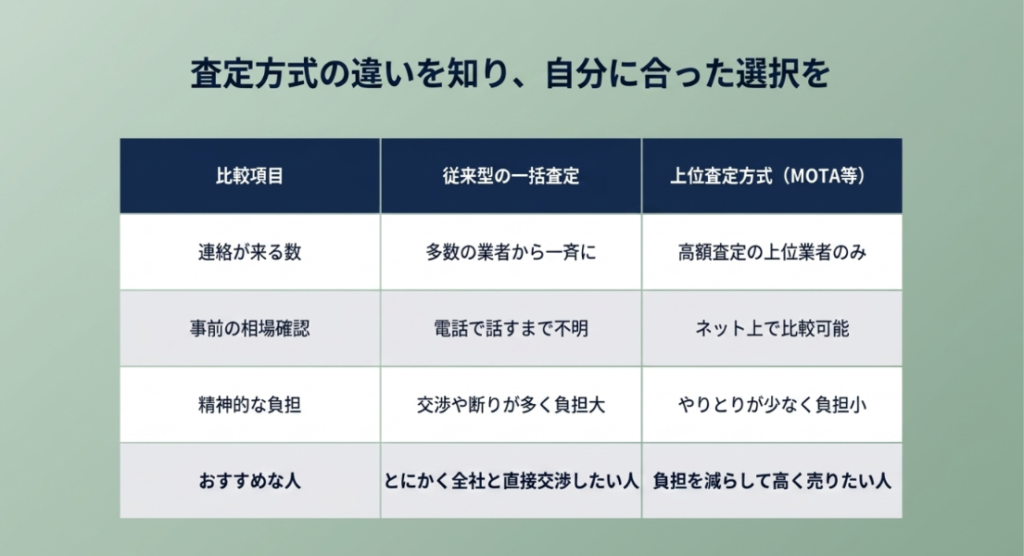 画像タイトル: 従来型一括査定と上位査定方式の違い
代替テキスト: 従来型の一括査定と上位査定方式について、連絡が来る数、事前の相場確認、精神的な負担、おすすめの人を比較した表