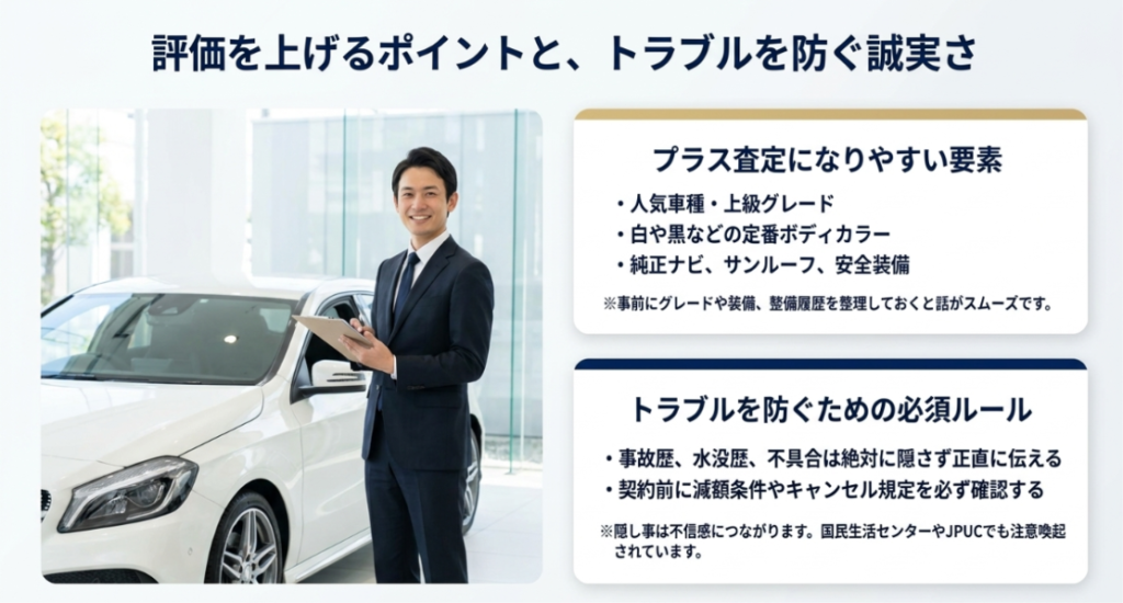 画像タイトル: 査定評価を上げるポイントとトラブル防止の基本
代替テキスト: 人気車種や上級グレードなどプラス査定になりやすい要素と、事故歴や不具合を正直に伝える重要性をまとめたスライド