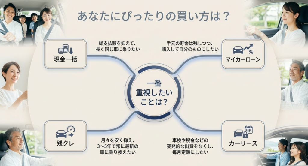 画像タイトル: あなたにぴったりの車の買い方を判断する4つの選択肢
代替テキスト: 現金一括、マイカーローン、残クレ、カーリースの中から、総支払額、手元資金、乗り換え周期、月額管理の重視点で選ぶ判断基準を示したスライド