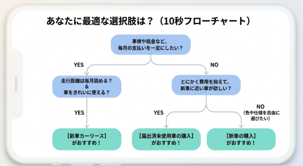 画像タイトル: 軽自動車カーリースと購入の最適な選び方フローチャート
代替テキスト: 毎月の支払いを一定にしたいか、走行距離が読めるか、費用を抑えたいかによって、新車カーリース、届出済未使用車、新車購入を判断するフローチャート