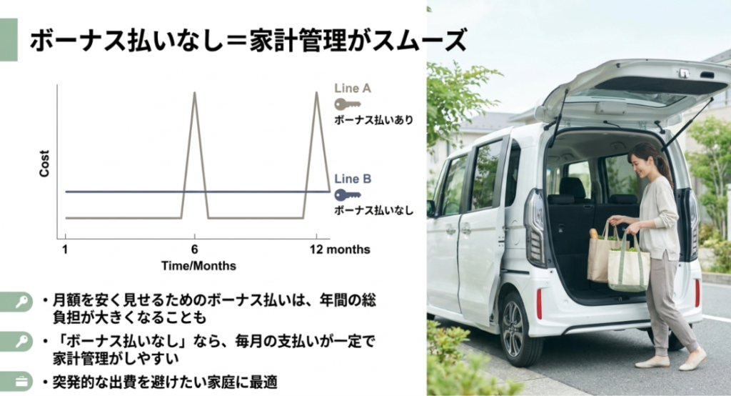 画像タイトル: ボーナス払いなしは家計管理がしやすい
代替テキスト: ボーナス払いありは年2回の支出が大きくなりやすく、ボーナス払いなしは毎月の支払いが一定で家計管理しやすいことを示すスライド