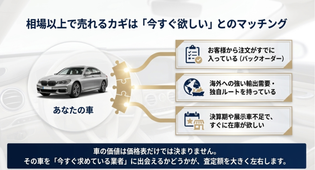 画像タイトル: 相場以上で売れるカギは欲しい業者とのマッチング
代替テキスト: バックオーダー、輸出需要、決算期や展示車不足など、業者が今すぐ欲しい車と一致すると査定額が上がりやすいことを示した図解
