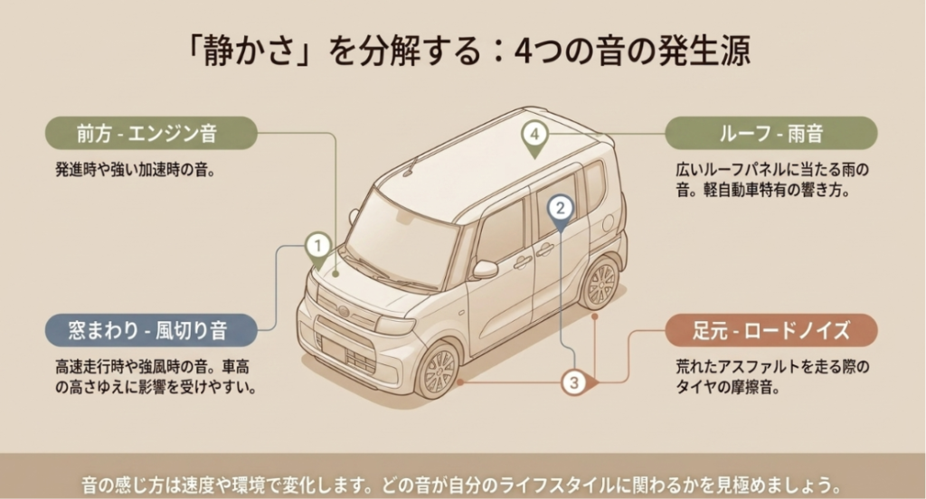 タントカスタムの静粛性を左右するエンジン音、ロードノイズ、風切り音、雨音の4つを示したスライド