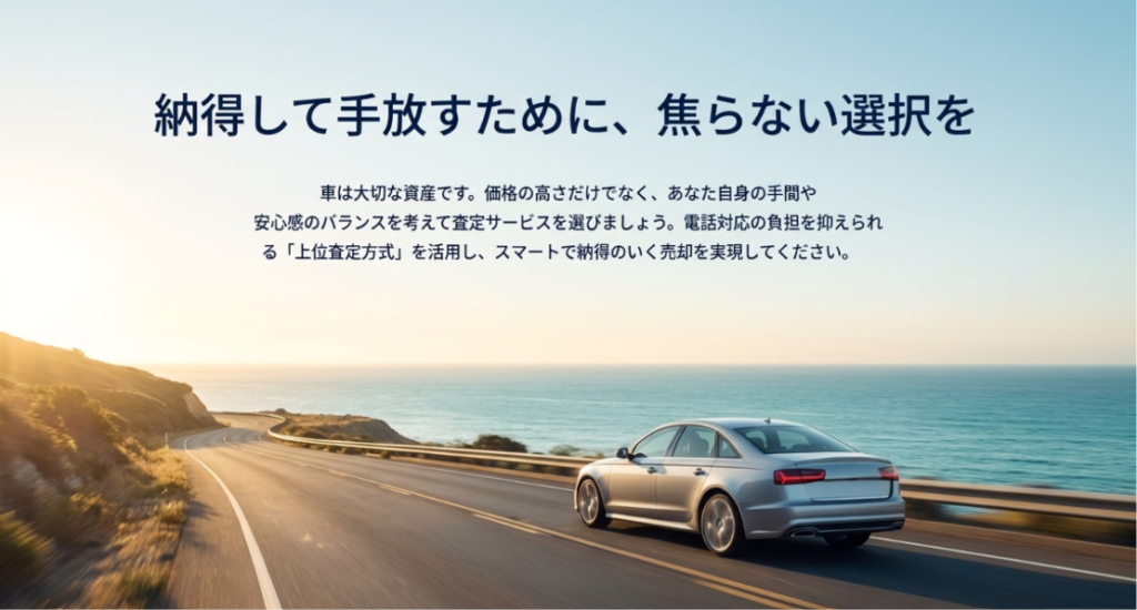 画像タイトル: 納得して手放すために焦らない査定選びを
代替テキスト: 車は大切な資産だからこそ、価格の高さだけでなく手間や安心感のバランスを考えて査定サービスを選ぶ重要性を伝えるスライド